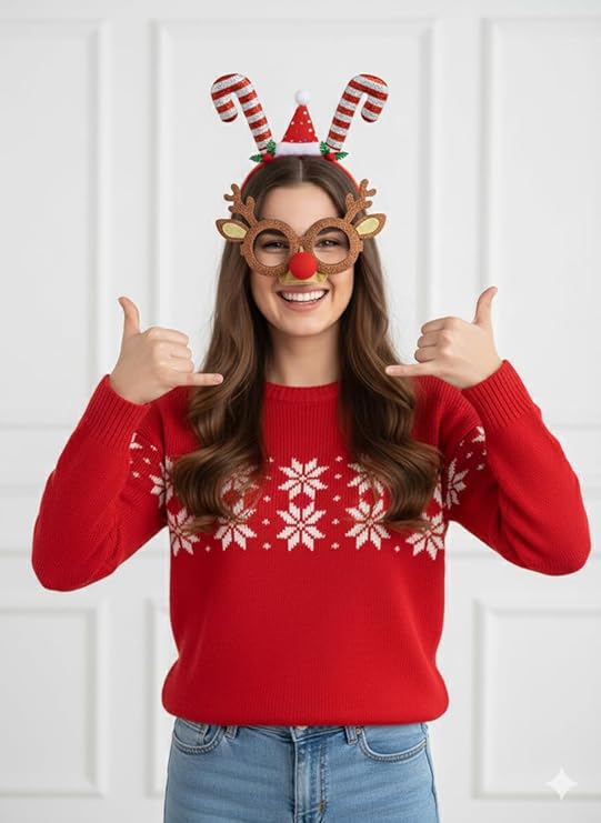 Labreeze Christmas Party Accessory Set – Glitter Reindeer Glasses, Candy Cane Headband & Santa Hat for Adults
