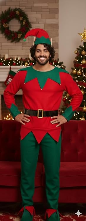 labreeze Men’s Christmas Elf Costume – One Size Adult 5-Piece Fancy Dress Outfit