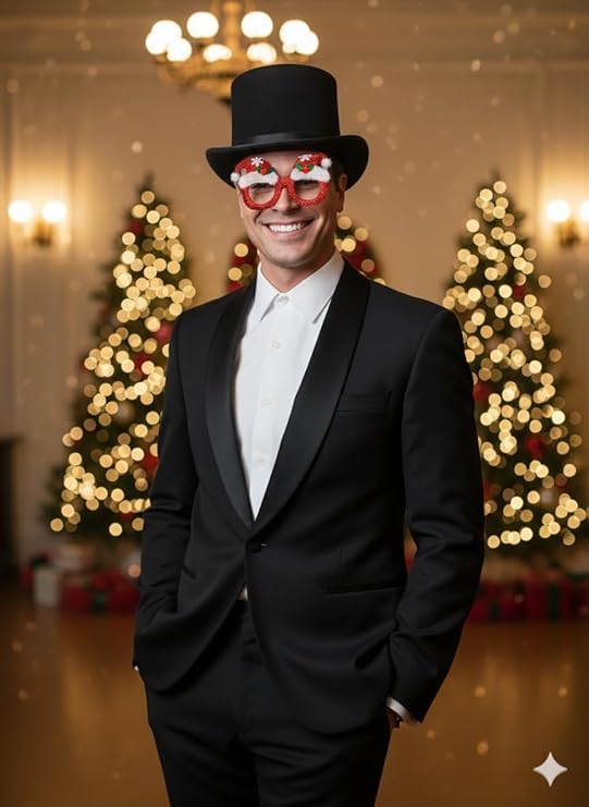 Labreeze Black Velour Top Hat & Novelty Santa Glasses Set – Adult Victorian Dickens Style Festive Accessory