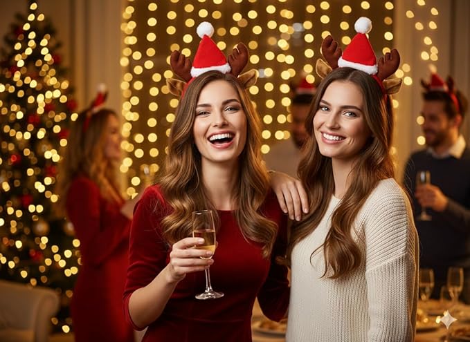 labreeze Pack of 2 Reindeer Antler Headbands with Ears and Santa Hat – Christmas Hair Accessories for Women