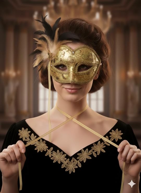 labreeze Gold Venetian Masquerade Eye Mask with Feather – Glitter & Ribbon Costume Accessory