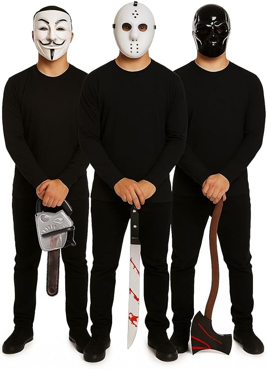 Labreeze Halloween Masks & Weapons Set – Vendetta Face Mask, Hockey Mask, Black Robot Mask, Fake Bloodied Axe, 50cm Knife & Bloody Chainsaw – Scary Fancy Dress Horror Costume Accessories for Adults