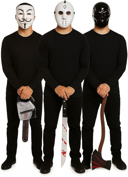 Labreeze Halloween Masks & Weapons Set – Vendetta Face Mask, Hockey Mask, Black Robot Mask, Fake Bloodied Axe, 50cm Knife & Bloody Chainsaw – Scary Fancy Dress Horror Costume Accessories for Adults