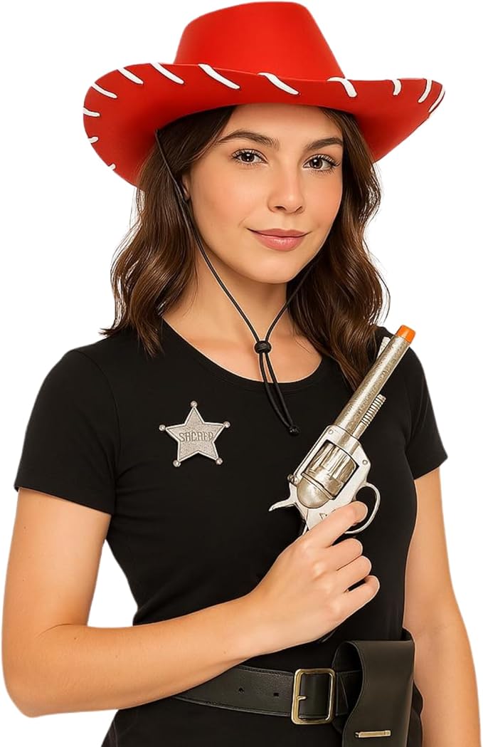 labreeze Couples Cowboy Sheriff Costume Set – Red & Brown Hat with Accessories – Western Fancy Dress