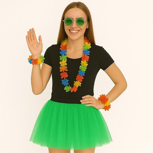 labreeze 3-Piece Fancy Dress Costume Set, Green Tutu Skirt with Glasses and Multicolour Lei, One Size Adult