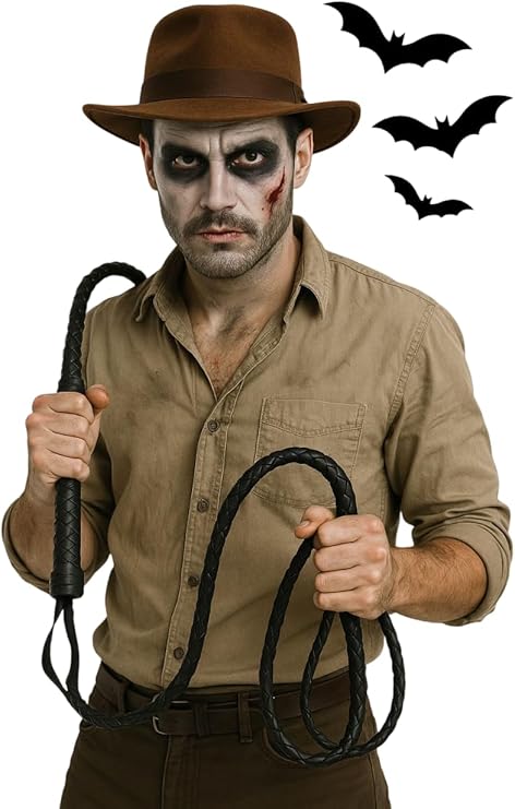 Labreeze Men’s Brown Explorer Hat and Bull Whip Set – Adventurer Fancy Dress Costume Accessories for Halloween, Safari, Cosplay & Party Outfits