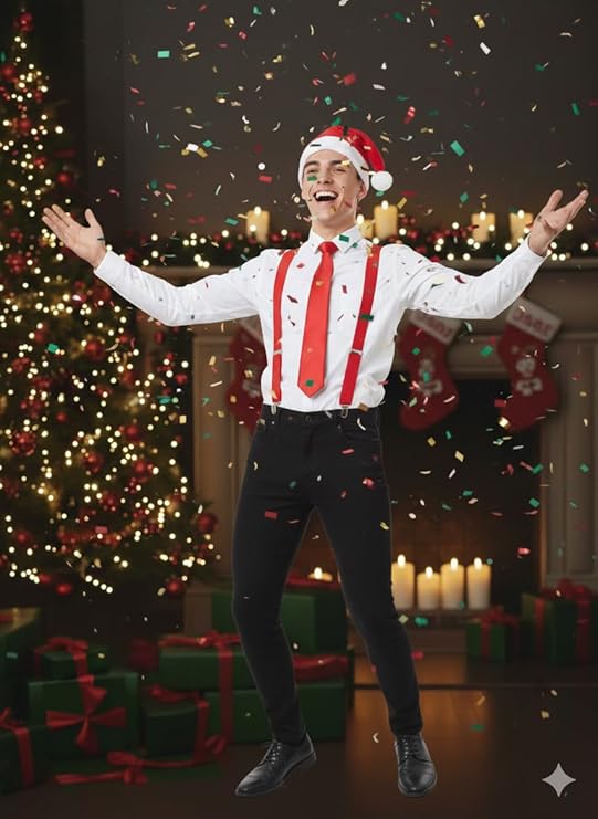 Labreeze Santa Helper Accessory Set – Red Suspenders, Red Tie & Santa Hat for Adults