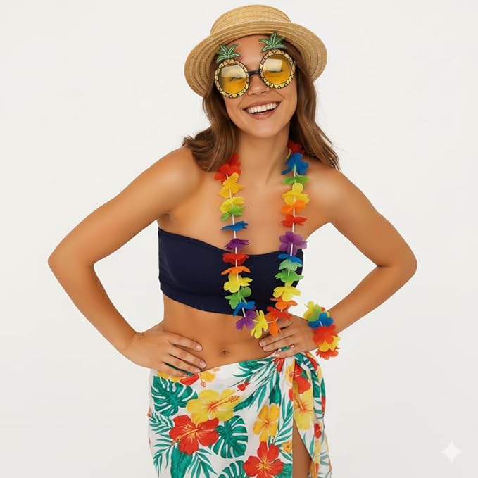 labreeze Women’s Hawaiian Fancy Dress Costume Set (4 Pieces) – Tropical Party Outfit for Beach, Luau & Summer Events
