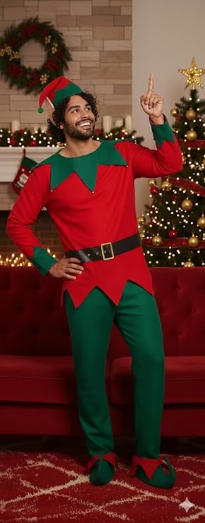 labreeze Men’s Christmas Elf Costume – One Size Adult 5-Piece Fancy Dress Outfit