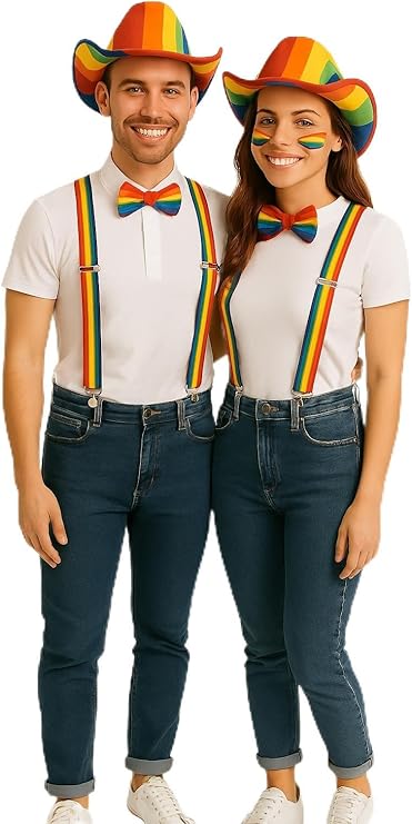 Labreeze 2 x Adults Rainbow Cowboy Felt Hat Bow Tie Braces Gay Pride Fancy Dress Set