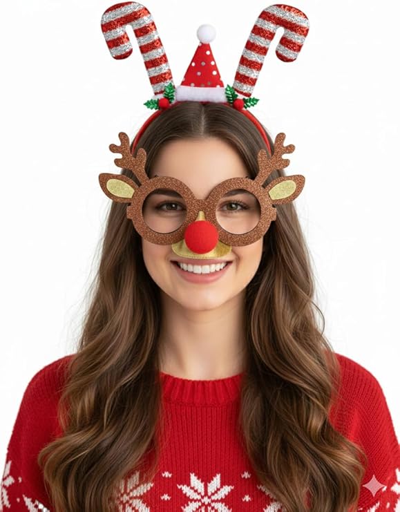 Labreeze Christmas Party Accessory Set – Glitter Reindeer Glasses, Candy Cane Headband & Santa Hat for Adults