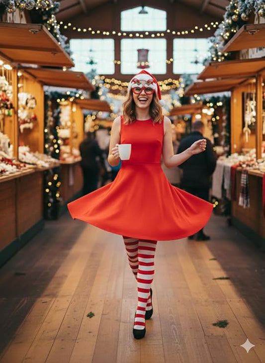 Labreeze Christmas Glasses with Red & White Adult Tights & Deluxe Santa Hat – Festive Holiday Costume Accessory Set