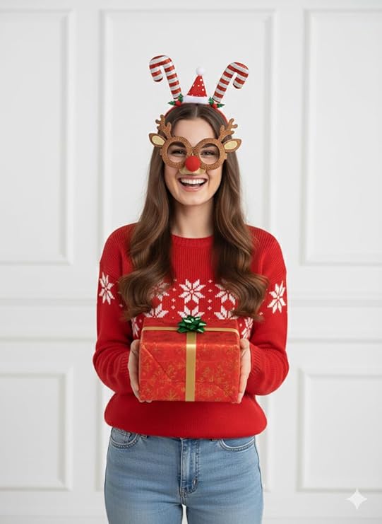 Labreeze Christmas Party Accessory Set – Glitter Reindeer Glasses, Candy Cane Headband & Santa Hat for Adults