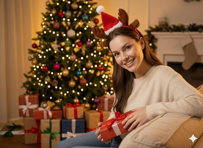 labreeze Reindeer Antler Headband with Ears and Santa Hat – Christmas Hair Accessory for Women