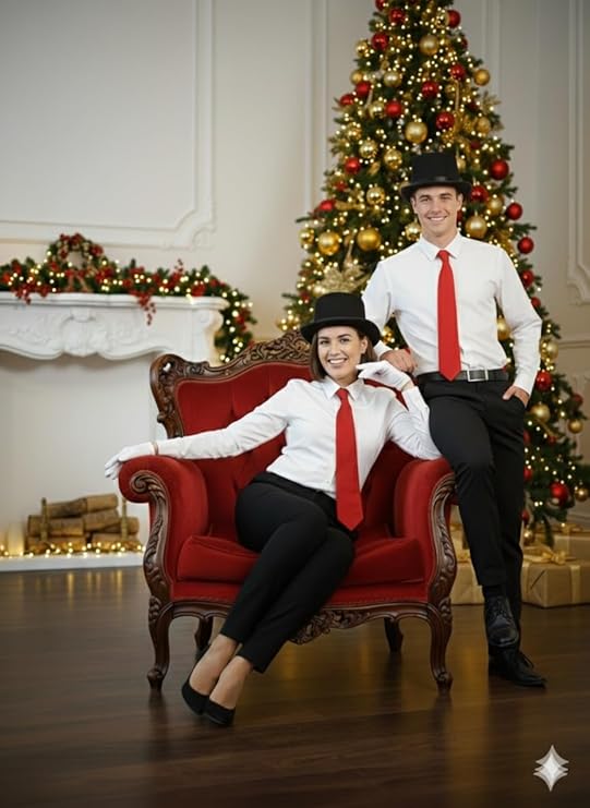 Labreeze Couples Dickens Caroler Set – Victorian Christmas Accessories with 2 Black Top Hats, 2 Red Ties & 2 Pairs of White Gloves