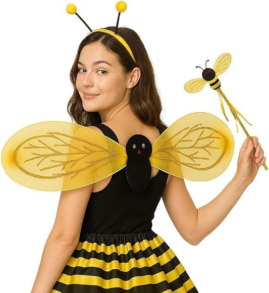 Adult Bumblebee 3-Piece Costume Set – Yellow and Black Striped Wings, Bee Wand & Antenna Headband – Fancy Dress Accessory Kit for Women’s Insect Party or Halloween Outfit