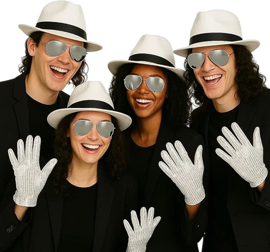 4 Pack White Al Capone Gangster Hat, Pop Icon Sequin Glove & Mirror Lens Glasses Set – Fancy Dress Accessories for 80s/90s Themed Parties & Group Costumes