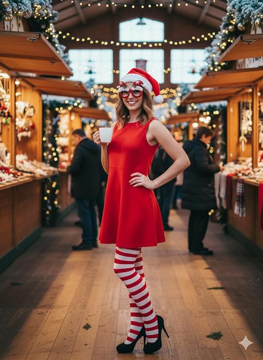 Labreeze Christmas Glasses with Red & White Adult Tights & Deluxe Santa Hat – Festive Holiday Costume Accessory Set