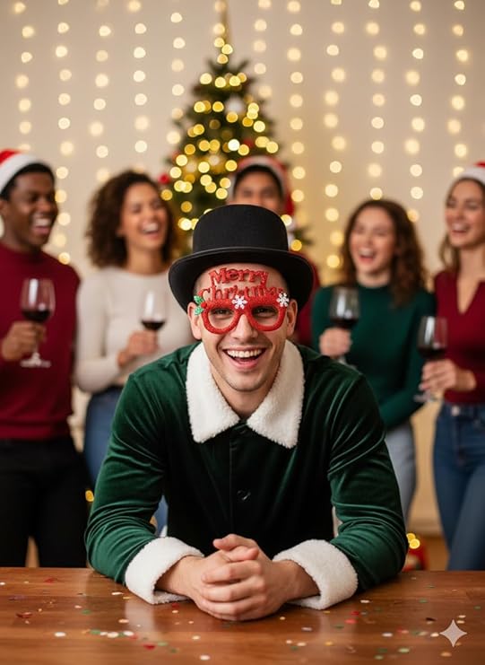 Labreeze Merry Christmas Red Glitter Glasses & Black Velour Top Hat Set – Victorian Dickens Style Festive Accessories for Adults  📝 Description
