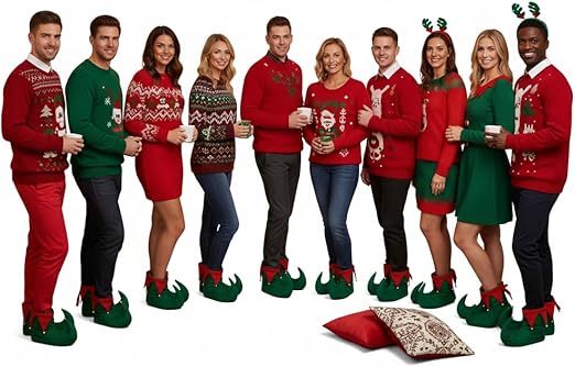 labreeze Pack of 10 Adult Deluxe Elf Boots – Green & Red Plush Christmas Elf Shoes