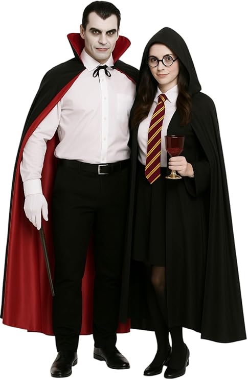 Adults Deluxe Long Black Cape with Hood, Reversible Red Cape, Wizard Wand, White Gloves, Wizard School Tie & Wizard Boy Glasses Set – Halloween Fancy Dress Wizard Costume for Men & Women