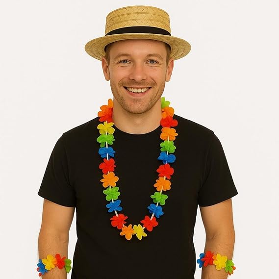 labreeze Straw Boater Hat with Hawaiian Lei Set, 4-Piece Fancy Dress Costume, Unisex Adult