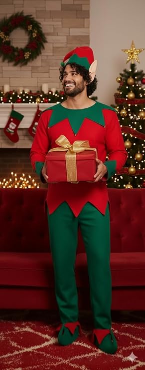 labreeze Men’s Christmas Elf Costume – One Size Adult 5-Piece Fancy Dress Outfit