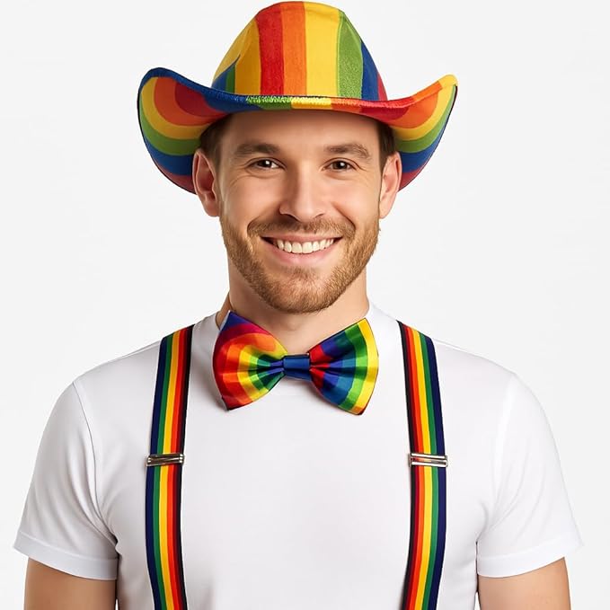 Labreeze 2 x Adults Rainbow Cowboy Felt Hat Bow Tie Braces Gay Pride Fancy Dress Set