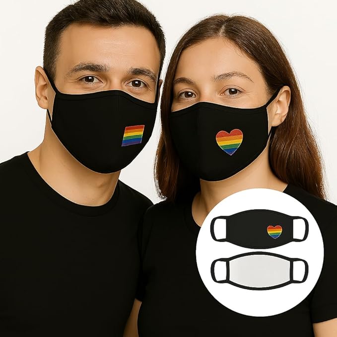 4 x Rainbow Pride Face Mask, Black Cotton with Heart and Flag Design, LGBTQ Support