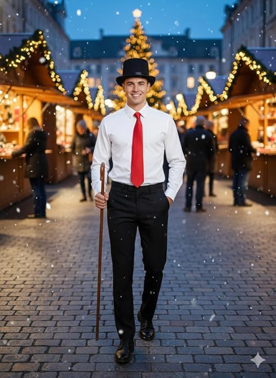 Labreeze Men's Dickens Caroler Costume Kit – Victorian Christmas Accessories with Black Top Hat, Red Tie & Shepherd’s Crook