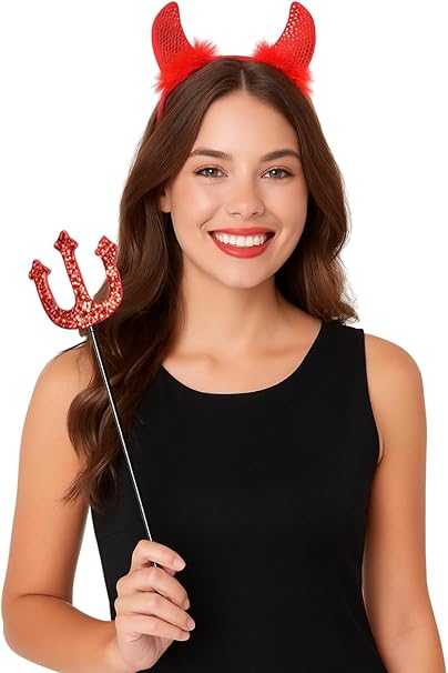 labreeze Red Sequin Devil Horns Headband and Red Devil Pitchfork – 2 Piece Devil Costume Accessories Set for Women – Halloween Fancy Dress, Cosplay & Hen Party Outfit