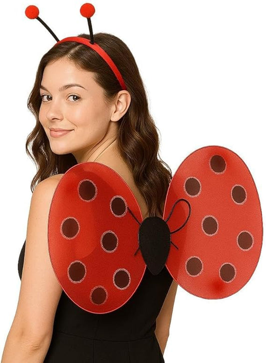 Adult Ladybird Fancy Dress 3-Piece Set – Includes Red Spotty Wings, Wand, and Antennae Headband – Women’s Insect Costume Accessories for Parties, Halloween & Festivals
