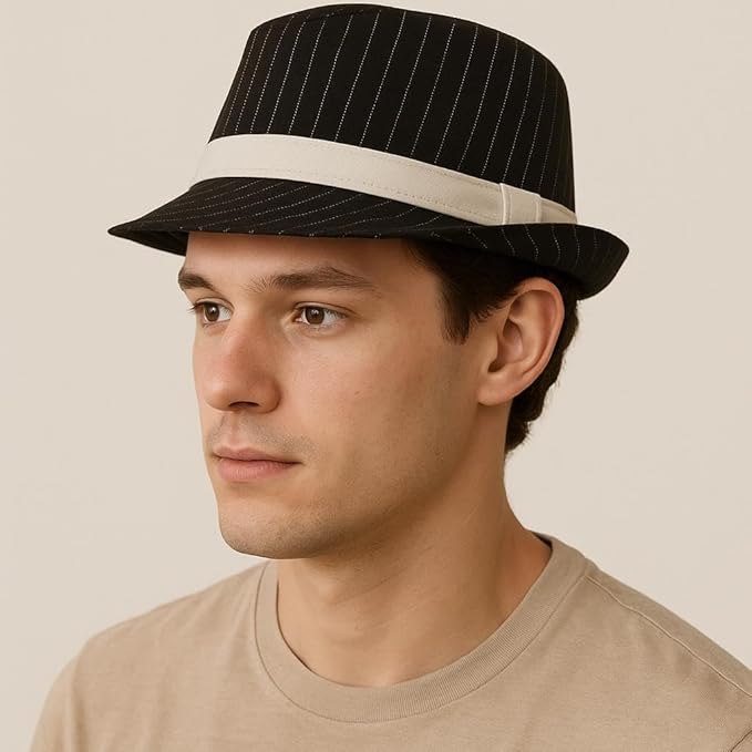Labreeze Black Gangster Hat with White Band for Men – Vintage 1920s Al Capone Style, Fancy Dress Accessory, Retro Costume, Adult Party Headwear - Labreeze Ltd