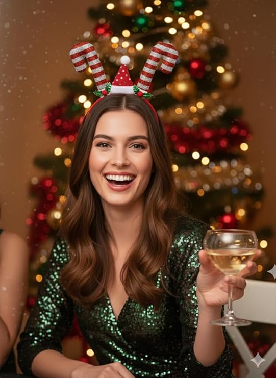 labreeze Tinsel Candy Stick with Xmas Hat Christmas Headband for Women – Festive Holiday Hair Accessory