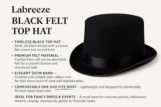 Labreeze Black Satin Top Hat Set for Couples – Elegant, Stylish, and Timeless – Perfect for Halloween, Cosplay, Wedding, or Formal Events – Premium Quality and Comfortable Fit