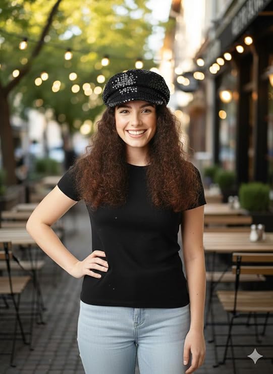 labreeze Black Sequin Newsboy Cap – 70’s Disco Style Adult Costume Accessory Hat, One Size