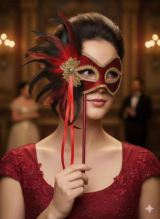 labreeze Red Masquerade Mask with Feathers on Stick – Venetian Style Handheld Party Mask