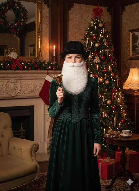 labreeze Black Velour Bowler Hat with Santa Beard & Gold Hand-Held Bell – Women’s Christmas Fancy Dress Accessory Set