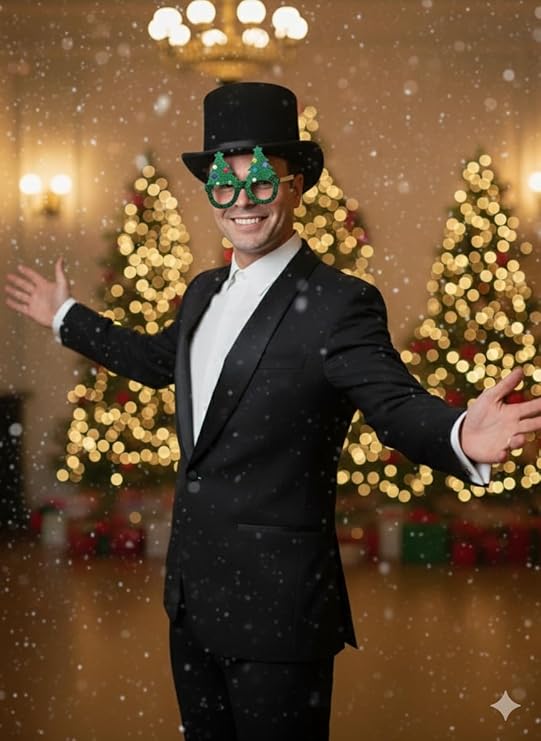 Labreeze Christmas Party Accessory Set – Black Velour Top Hat with Green Glitter Christmas Tree Glasses for Adults