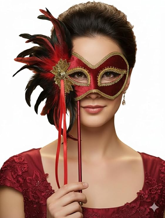 labreeze Red Masquerade Mask with Feathers on Stick – Venetian Style Handheld Party Mask