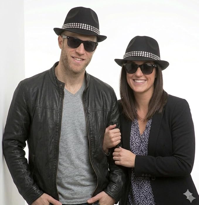 labreeze Black Trilby Hat & Austin Glasses Couples Set – 2 Hats & 2 Pairs of Glasses for Fancy Dress