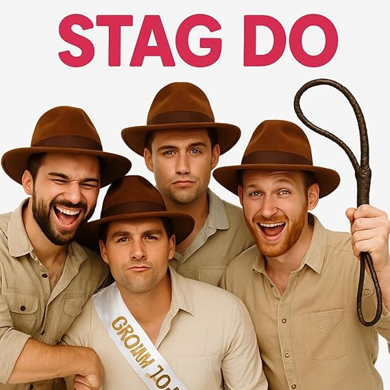 labreeze 4 Brown Explorer Safari Hats with 2m Whip, Fancy Dress Costume Set for Group Events