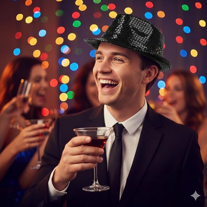 Labreeze Black Sequin Gangster Hat (Adult) – Sparkly Fancy Dress Fedora for Christmas & Party Costumes