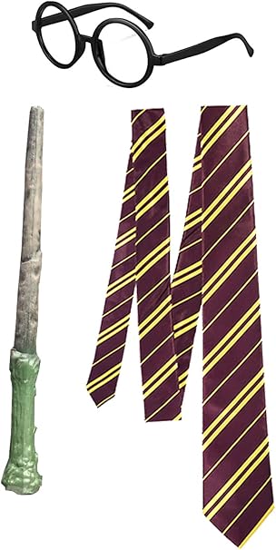 labreeze School Boy Wizard Glasses, Maroon & Yellow Neck Tie & Magic Wand (No Sound) – World Book Day Fancy Dress Costume Se