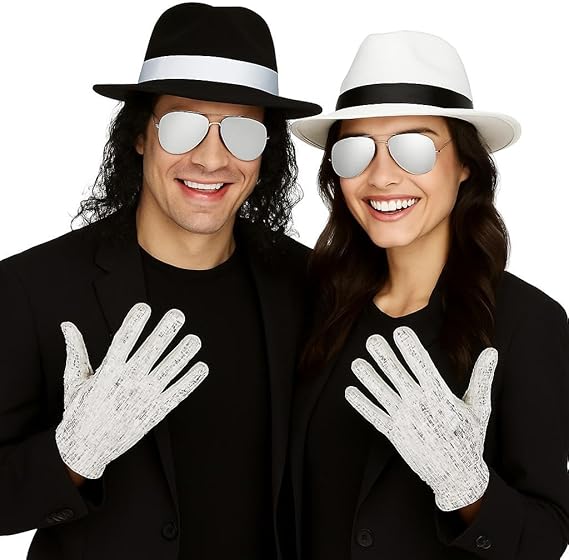 labreeze Couples Fancy Dress Set – 1 White & 1 Black Al Capone Gangster Hat, 2 Silver Sequin Gloves & 2 Mirror Lens Glasses – Pop Icon Accessories for Men & Women