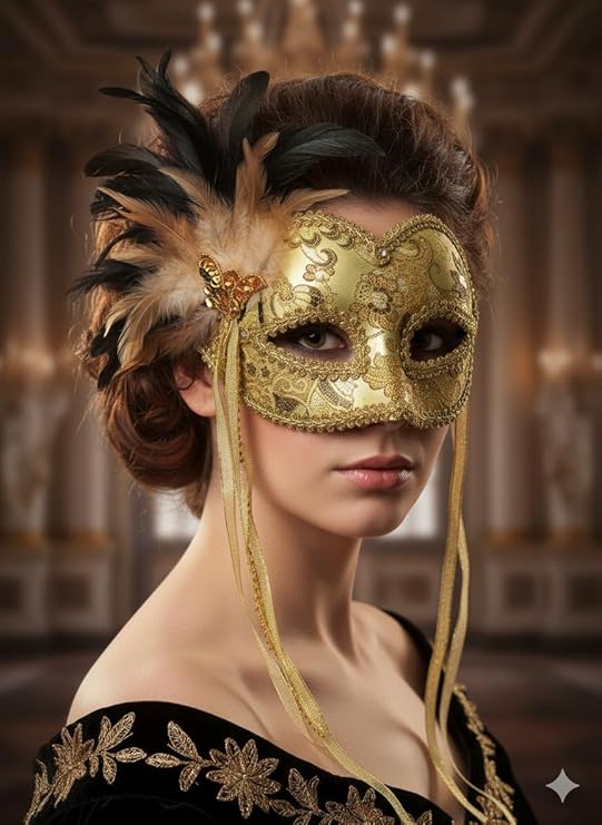 labreeze Gold Venetian Masquerade Eye Mask with Feather – Glitter & Ribbon Costume Accessory