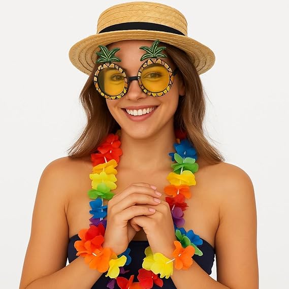 labreeze Women's Hawaiian Fancy Dress Costume Set – Straw Boater Hat, Pineapple Glasses, Hula Flower Lei & Tropical Party Accessories (4 Pieces)