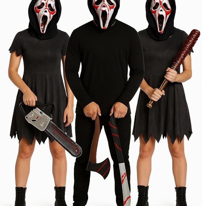 labreeze Halloween Horror Ghost Mask and Weapon Set – Classic Black Costume Accessories with Red Accents – Includes Plastic Chainsaw & Bat Props – Scary Fancy Dress Outfit for Adults