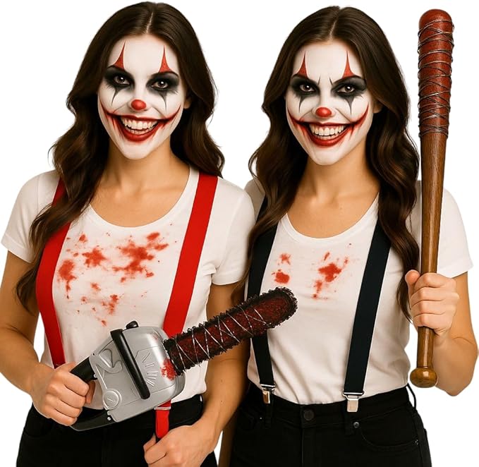 Women’s Red and Black Braces, Bloody Baseball Bat with Barbed Wire and Fake Bloody Chainsaw Weapon Set – Halloween Horror Fancy Dress Accessories