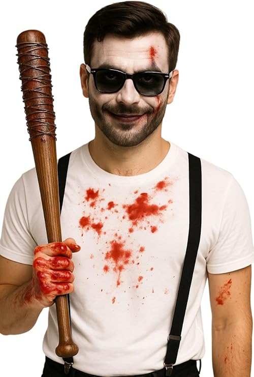 Mens Black Braces with Bloody Baseball Bat and Black Glasses Set – Halloween Fancy Dress Costume Accessories – Scary Horror Outfit Prop for Adults
